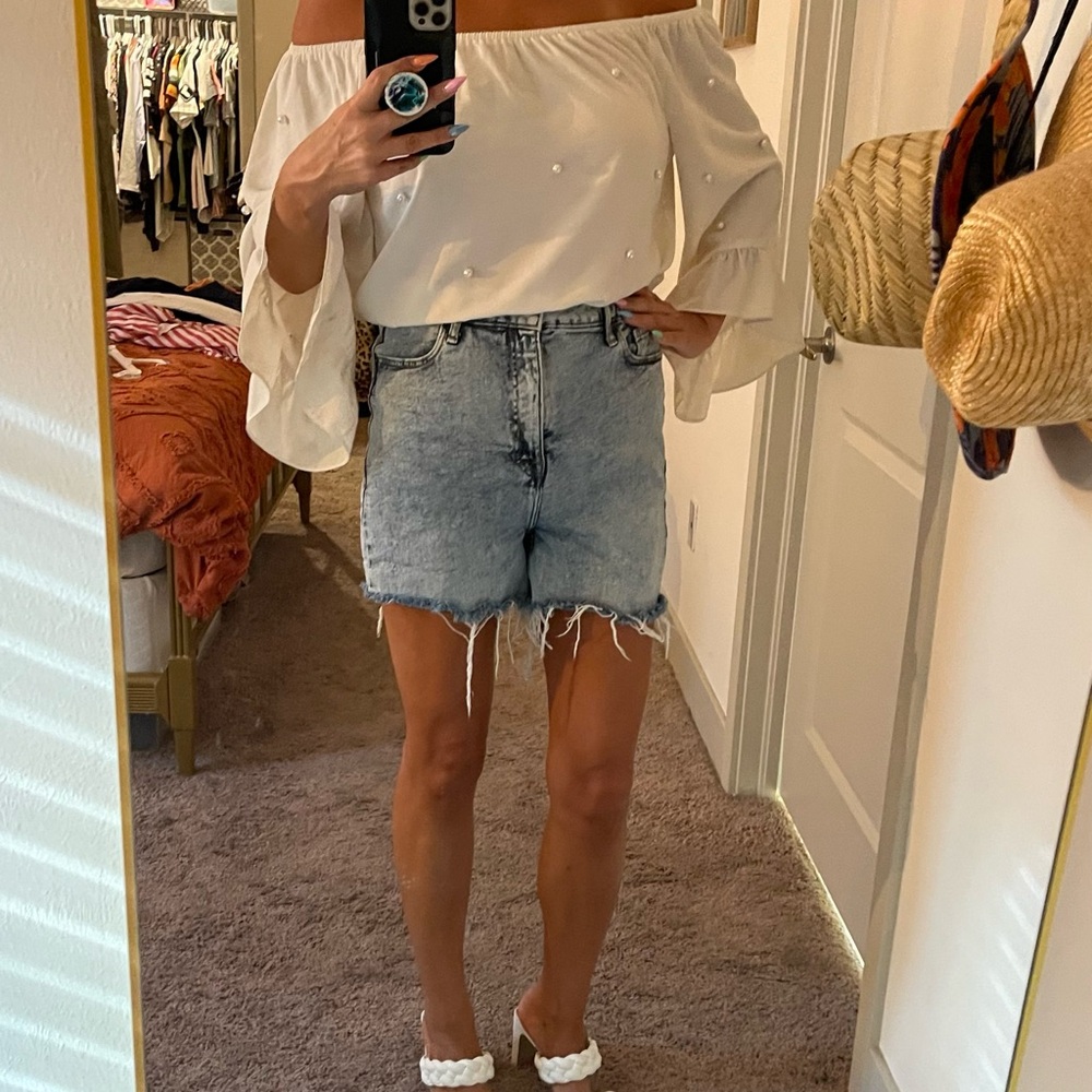 Cream Blouse and Denim Shorts Outfit